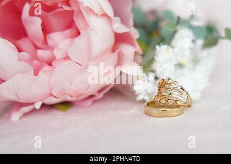 Luxury gold wedding ring, selective focus Stock Photo