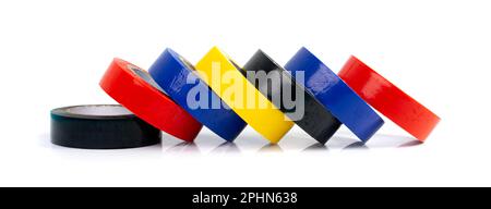 Colorful Electrical Tape Stack Isolated, Plastic Duct Tape Rolls, Colored Adhesive Tapes on White Background Stock Photo