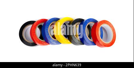 Colorful Electrical Tape Isolated, Plastic Duct Tape Rolls, Colored Adhesive Tapes on White Background Stock Photo