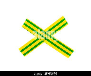 Colored Electrical Sticky Tapes Cross, X, Adhesive Pieces Isolated, Green Yellow Plastic Duct Tape Strips, Colourful Adhesive Tapes on White Backgroun Stock Photo