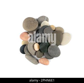 Sea Pebbles Isolated, Flat Round Stones, Gray Circle Rock Pieces, Spa Stones, Natural Sea Pebbles Pile on White Background Top View Stock Photo