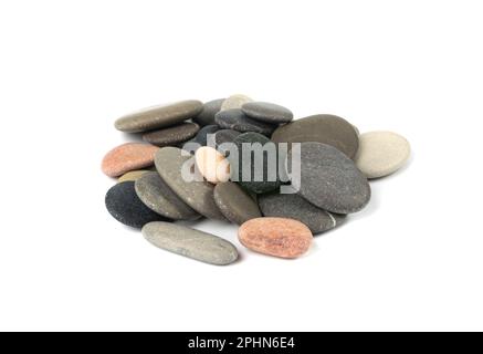 Sea Pebbles Isolated, Flat Round Stones, Gray Circle Rock Pieces, Spa Stones, Natural Sea Pebbles Pile on White Background Top View Stock Photo