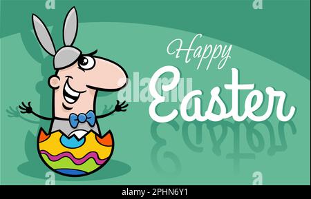 Cartoon illustration of funny man in Easter Bunny costume hatching from Easter egg greeting card design Stock Vector