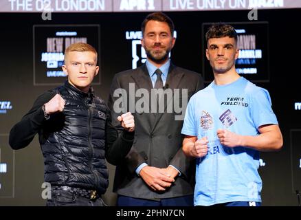 Boxing promoter Eddie Hearn stands in the centre of Campbell Hatton (left) and Louis Fielding during a press conference at Nobu Hotel London Portman Square, London. Picture date: Wednesday March 29, 2023. Stock Photo
