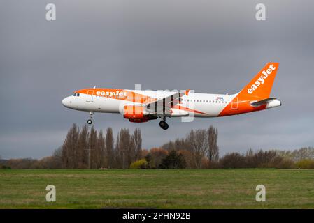 easyJet Airbus A320 airliner jet plane OE-IJO landing at London Southend Airport, Essex, UK, from Malaga. First scheduled flight since October 2022 Stock Photo