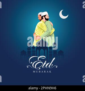 Young Religious Muslim People wishing each other on occasion of Eid, star round frame on yellow background for Islamic Festival celebration. Stock Vector