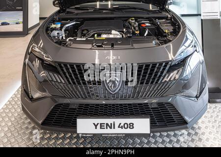 Istanbul Türkiye - 24 Mart 2023 ; New 2023 Peugeot 408 plug-in hybrid car showcased. Stock Photo