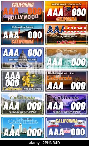 Complete Set 12 California State United States License Plates - California 12 USA States, Special Design And Regulation For All States, Car numbers of Stock Photo