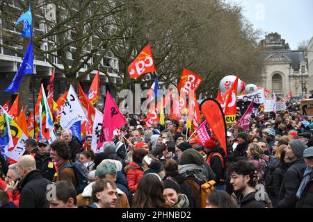 Lille,France,28th March 2023.Another day of strikes and protesting against the pension reforms all over France.The age of retirement has gone up from 62 to 64. Stock Photo