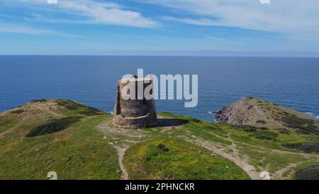 aerial view of the tower of flumentorgiu a few steps from the beach of torre dei corsari in southern sardinia Stock Photo