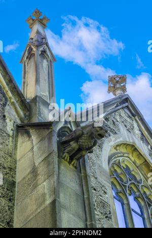 Gothic architectural elements of a church, gargoyle, pinnacle and finial, Collegiate Church in Dettingen an der Erms, Baden-Wurttemberg, Germany. Stock Photo