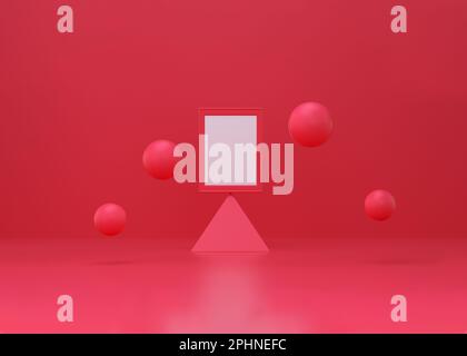Frame Podium with bubble floating on red magenta studio. minimal geometric background shape abstract background. 3d rendering. Stock Photo