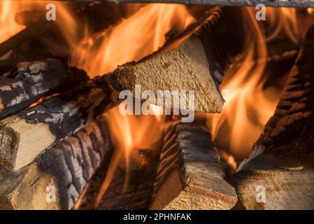 la legna che arde in una stufa in montagna Stock Photo