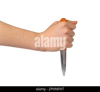 Steel Kitchen Knife in Hand Isolated, Convenient Kitchen Knives, Small Knife with a Wooden Handle on White Background Stock Photo