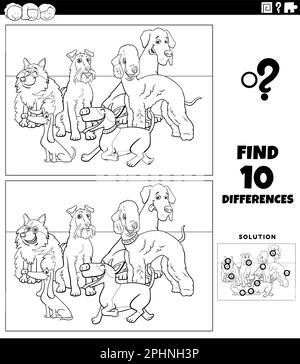 Black and white cartoon illustration of finding the differences between pictures educational task with purebred dogs animal characters coloring page Stock Vector