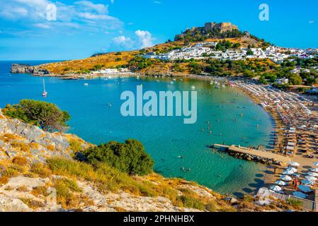 Panorama view of Greek town Lindos at Rhodes island Stock Photo - Alamy
