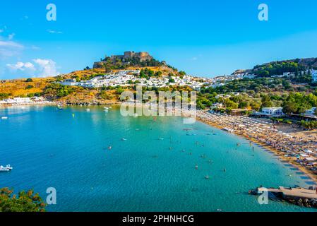 Panorama view of Greek town Lindos at Rhodes island Stock Photo - Alamy