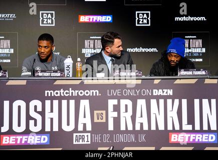 Boxing promoter Eddie Hearn (centre) Anthony Joshua (left) and Jermaine Franklin during a press conference at Nobu Hotel London Portman Square, London. Picture date: Wednesday March 29, 2023. Stock Photo
