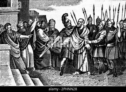 Apostle Pauus in Jerusalem tells the Jews the stoory fo his conversion to Christendom,  Apostles, New Testament, bible 1831, historical illustration Stock Photo