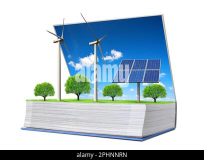 Ecological book with solar panel and wind turbines isolated on white background. Clean energy concept. Stock Photo