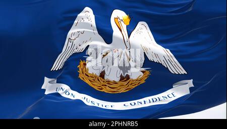 Close-up of the Louisiana state flag. Blue flag, white pelican and motto, center. US state. Rippled fabric. Textured background. 3d illustration rende Stock Photo