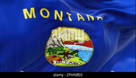 Close-up of Montana state flag waving. Blue flag with coat of arms in the center. 3d illustration render. Close-up. Textured fabric background. Select Stock Photo