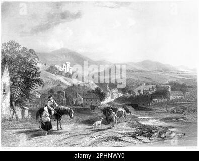 An engraving of Castle Campbell from the Valley of Dollar, Perthshire, Scotland UK scanned at high resolution from a book printed in 1840. This image Stock Photo