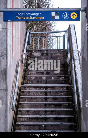 Sandnes, Norway, March 12 2023, Concrete Steps Leading To Downtown Sandnes Railway Station With Trains To Stavanger And No People Stock Photo