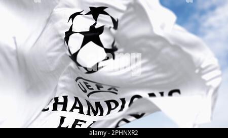 Istanbul TR, Jan 2023: UEFA Champions league flag waving. European football competition. Close-up. Rippled fabric. Textured background. Selective focu Stock Photo