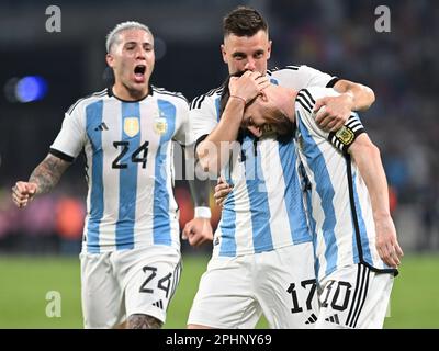 28th March 2023: Mario Kempes stadium, Córdoba, Argentina: International friendly football, Argentina versus Curacao: Lionel Messi of Argentina, celebrates scoring with Giovani Lo Celso Stock Photo