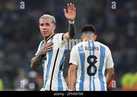 28th March 2023: Mario Kempes stadium, Córdoba, Argentina: International friendly football, Argentina versus Curacao: Enzo Fernández of Argentina celebrates scoring his goal Stock Photo