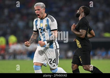 28th March 2023: Mario Kempes stadium, Córdoba, Argentina: International friendly football, Argentina versus Curacao: Enzo Fernández of Argentina celebrates scoring his goal Stock Photo