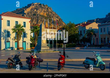 Sunset view of Filellinon square in Greek town Nafplio. Stock Photo