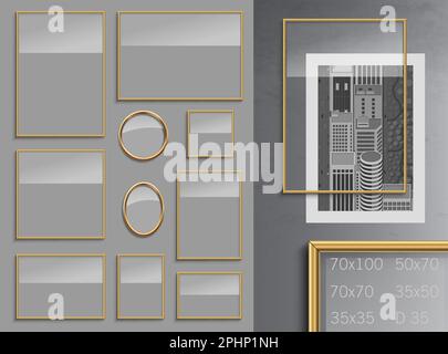 Set of vector golden metal or chrome modern frames for mockup posters and paintings on the wall. Transparency effect. Standard sizes Stock Vector