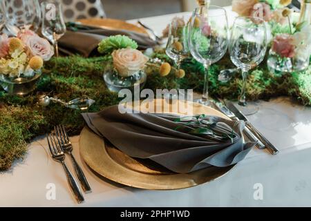 Festive table setting for a wedding or another catered event dinner. party luxury Stock Photo