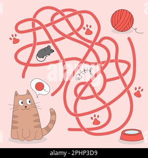 Help cute cat find path to ball of thread. Labyrinth. Maze game for kids. Messy line children logic game. Confusing path lines vector illustration. Stock Vector