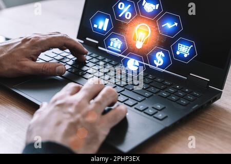 Business analytics and technology analysis concept. A manager uses a computer to analyze financial and economic affairs. High quality photo Stock Photo