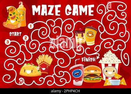 Labyrinth maze, funny cartoon takeaway fast food characters, vector game  worksheet. Pizza, cheeseburger and taco with potato fries and popcorn as  cart Stock Vector Image & Art - Alamy