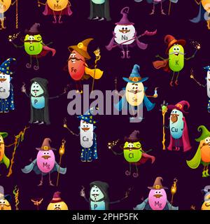 Cartoon wizard micronutrient mineral characters seamless pattern, vector background. Calcium mage, zinc and potassium sorcerers with magic wands and w Stock Vector