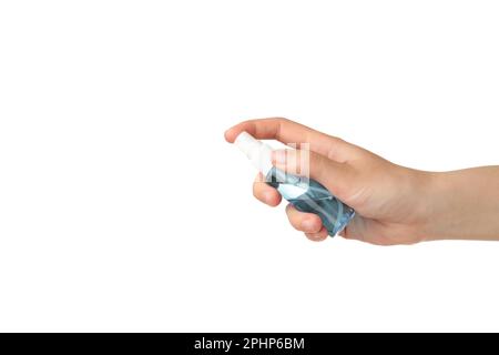 Human hands use sanitazer spray isolated on a white background. Covid 19, top view Stock Photo