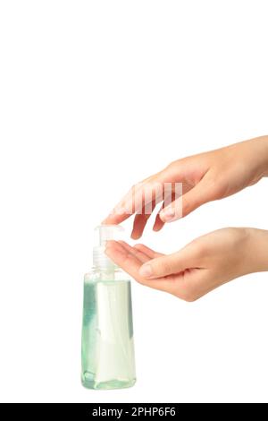 Hand applying alcohol gel sanitazer liquid cleaning hands for prevent corona virus covid-19. Top view Stock Photo