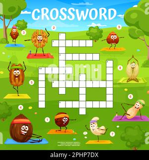 Cartoon nuts characters on yoga on meadow. Crossword quiz game grid. Find a word vector worksheet with macadamia, walnut, almond and coconut. Peanut, Stock Vector