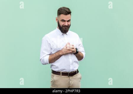 Portrait of young adult bearded businessman wearing white shirt looking at camera with cunning tricky face and smirk, planning evil trick. Indoor studio shot isolated on light green background. Stock Photo