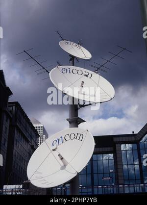 United Kingdom. England. London. Canary Wharf. Encom satellite dishes. Stock Photo