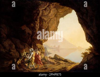 Grotto by the Seaside in the Kingdom of Naples with Banditti, Sunset by Daylight by Joseph Wright of Derby (1734-1797), oil on canvas, 1778 Stock Photo
