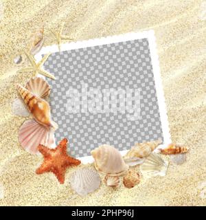 Photo frame on summer beach. Seaside top view with seashells and starfish on sea sand. Vector photoframe with realistic shells, conch and white wavy s Stock Vector