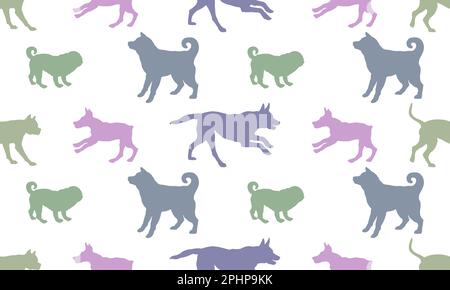 Seamless pattern. Silhouette dogs different breeds in various poses. Isolated on a white background. Endless texture. Design for fabric, decor, print. Stock Vector