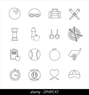 Collection of icons with different sports and healthy eating in outline design Stock Photo