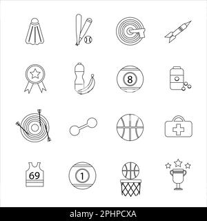 Collection of icons with different sports and healthy eating in outline design Stock Photo