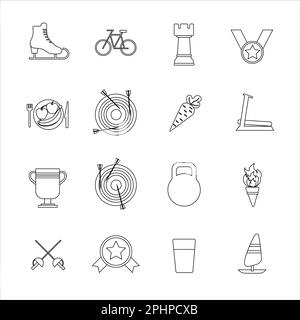 Collection of icons with different sports and healthy eating in outline design Stock Photo